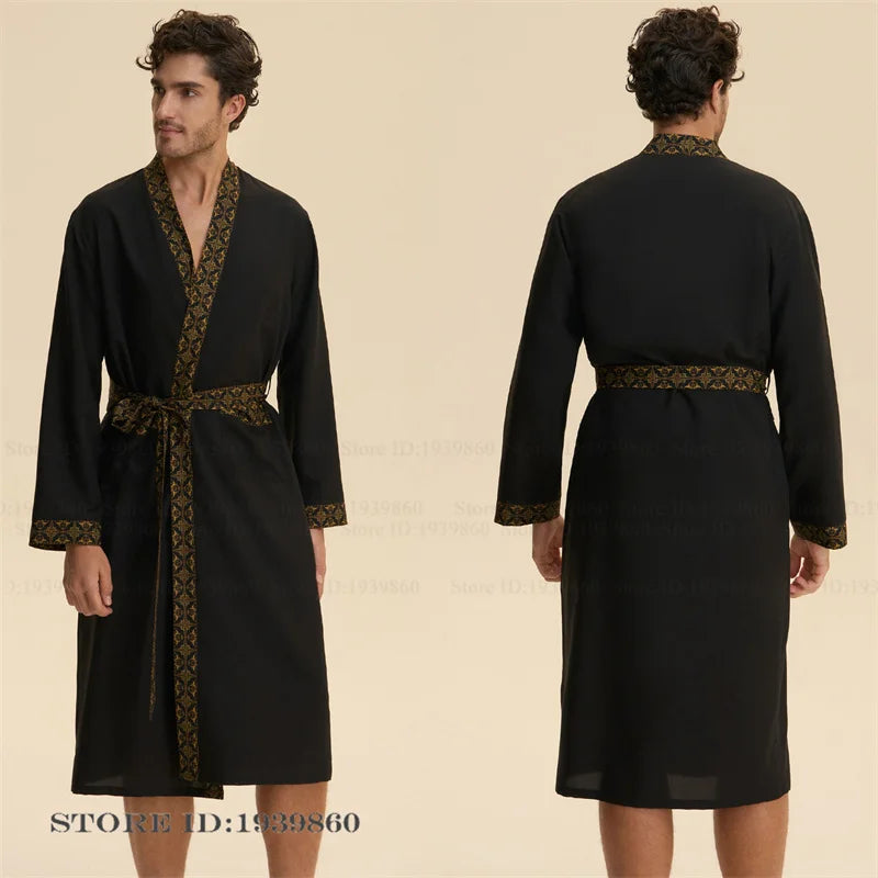 Baroque Style Men's Long Robe Set Pajamas Silky Satin Print Kimono Gown Bathrobe Shorts Pijamas Suit Loose Homewear Lounge Wear