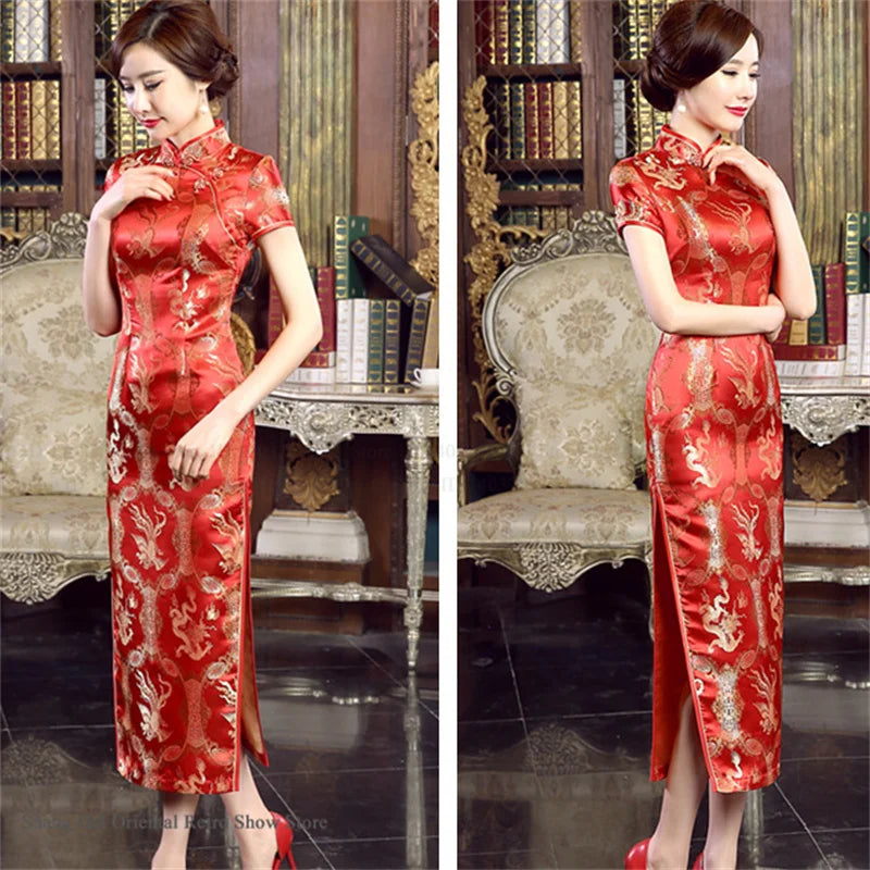 Traditional Satin Long Green Cheongsam Vintage Chinse Style Women's Vestido Dress Summer Jacquard Short Sleeve Qipao Asian Dress