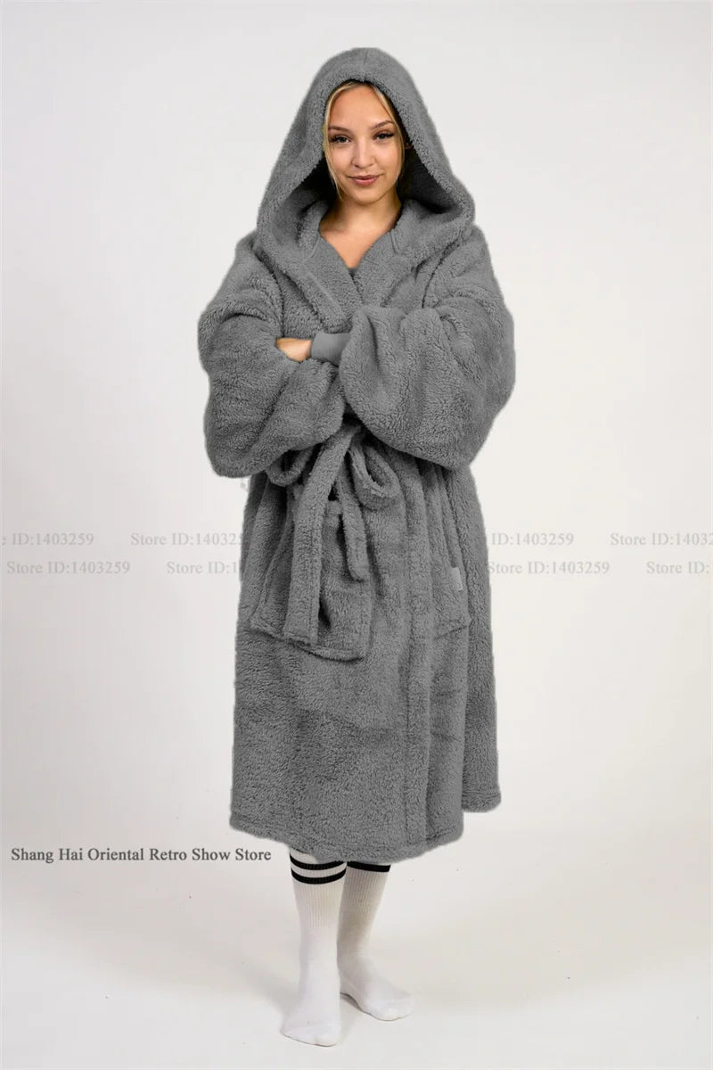 Thicken Coral Fleece Mens Hooded Long Robe Sleepwear Autumn Winter New Nightwear Homewear Loose Casual Flannel Loungewear Pajama