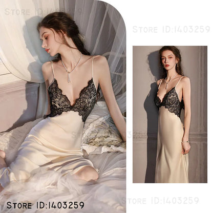 Sexy Female Long Robe Nightgown Set Kimono Bathrobe Gown Patchwork Lace Suspender Night Dress Sleepwear Loose Satin Homewear