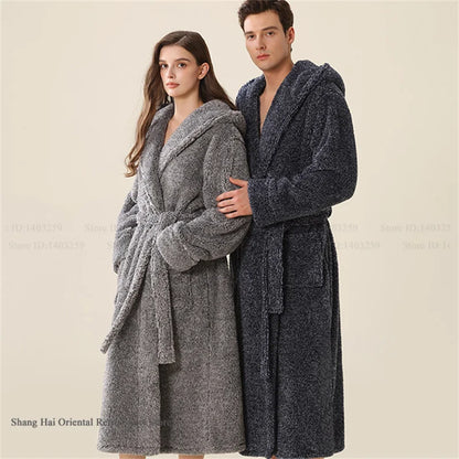 Thick Coral Fleece Coupe Hooded Bathrobe Sleepwear Autumn Winter Warm Long Robe Home Clothing Casual Flannel Loungewear Pajama