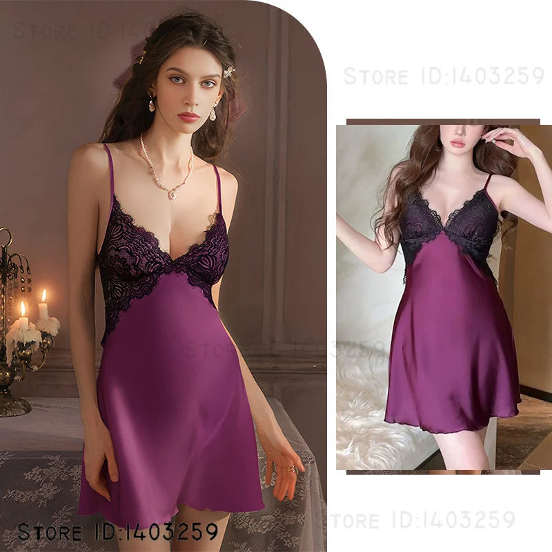 Sexy Female Long Robe Nightgown Set Kimono Bathrobe Gown Patchwork Lace Suspender Night Dress Sleepwear Loose Satin Homewear