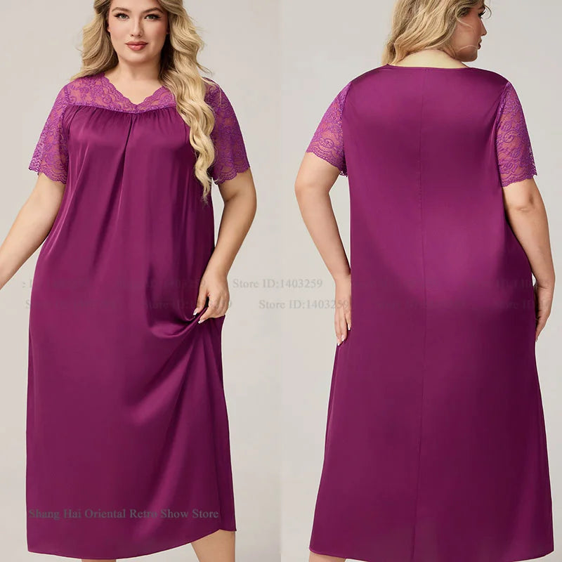 Large Size 3XL 4XL 5XL Long Nightgown Spring Summer New Female Sleepwear Loungewear Sexy Frill Lace Nightdress Ice Silk Homewear