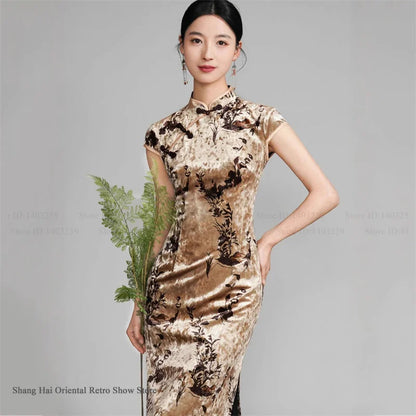 Oversize Velour Chinese Cheongsam Sexy Sleeveless Split Chinese Dress Traditional Costume Vintage Classic Mandarin Collar Qipao
