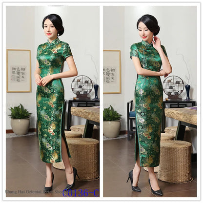 Traditional Satin Long Green Cheongsam Vintage Chinse Style Women's Vestido Dress Summer Jacquard Short Sleeve Qipao Asian Dress