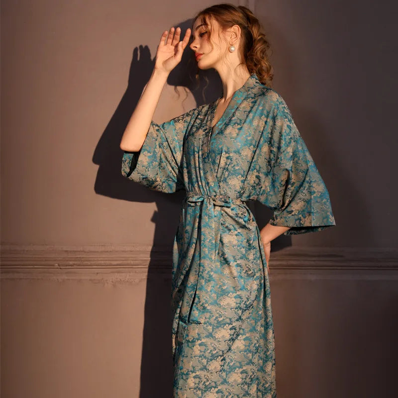 Luxury Jacquard Long Robe Nightgown Women Half Sleeve Kimono Bathrobe Gown Satin Ice Silk Sleepwear Sexy Home Dress Lounge Wear