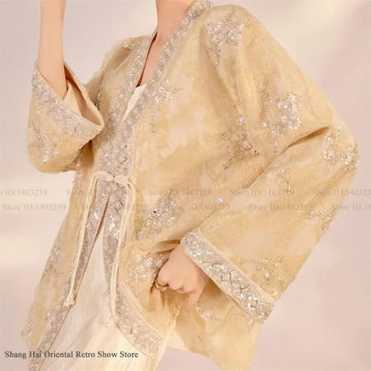 Chinese Style Tang Clothes Qipao Tops Sequin Embroidery Hanfu Cardigan Vintage V-Neck Women Jacket Elegant Spring Summer Outwear