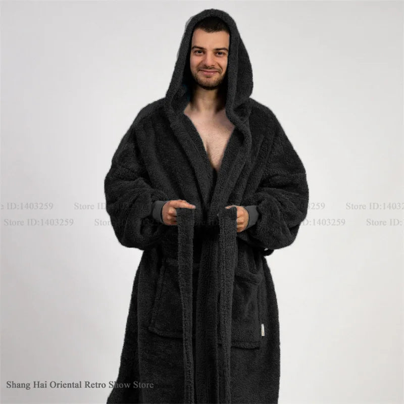 Thicken Coral Fleece Mens Hooded Long Robe Sleepwear Autumn Winter New Nightwear Homewear Loose Casual Flannel Loungewear Pajama