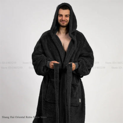 Thicken Coral Fleece Mens Hooded Long Robe Sleepwear Autumn Winter New Nightwear Homewear Loose Casual Flannel Loungewear Pajama