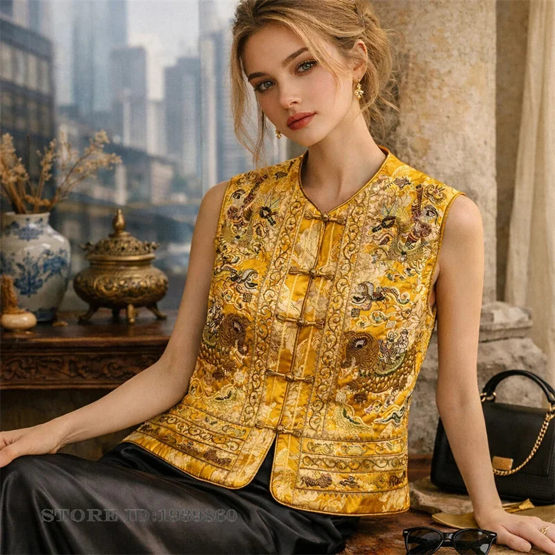Chinese Style High-Quality Sleeveless Jacket Coat Heavy Embroidery Women's Vest Qipao Top Vintage Classic Cheongsam Waistcoat