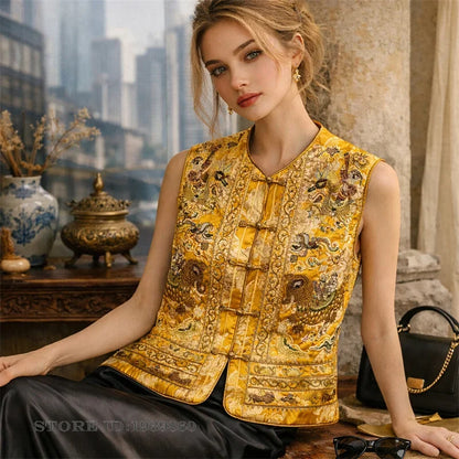 Chinese Style High-Quality Sleeveless Jacket Coat Heavy Embroidery Women's Vest Qipao Top Vintage Classic Cheongsam Waistcoat