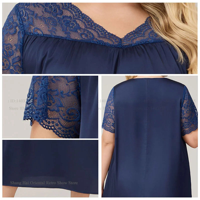 Large Size 3XL 4XL 5XL Long Nightgown Spring Summer New Female Sleepwear Loungewear Sexy Frill Lace Nightdress Ice Silk Homewear