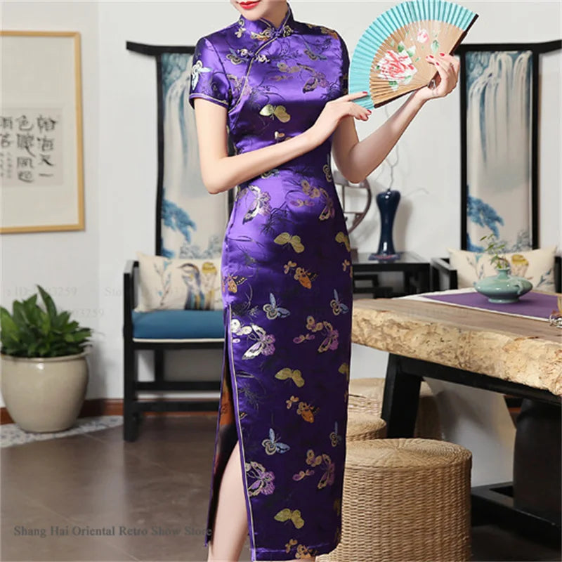 Traditional Satin Long Green Cheongsam Vintage Chinse Style Women's Vestido Dress Summer Jacquard Short Sleeve Qipao Asian Dress