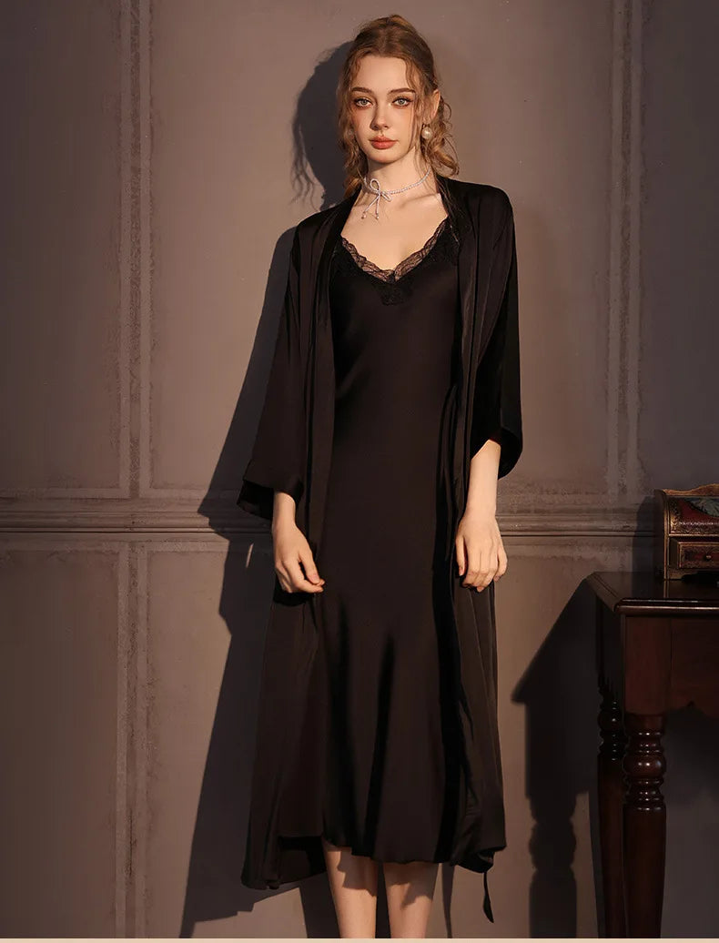 Elegant Female Twinset Robe Set Long Kimono Bathrobe Gown Sexy Lace Nightgown Lingerie Spring Autumn New Sleepwear Home Dress