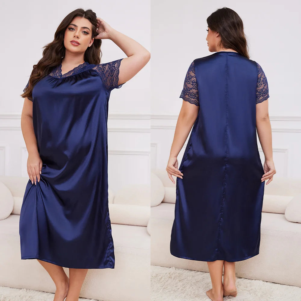 Large Size 3XL 4XL 5XL Long Nightgown Spring Summer New Female Sleepwear Loungewear Sexy Frill Lace Nightdress Ice Silk Homewear