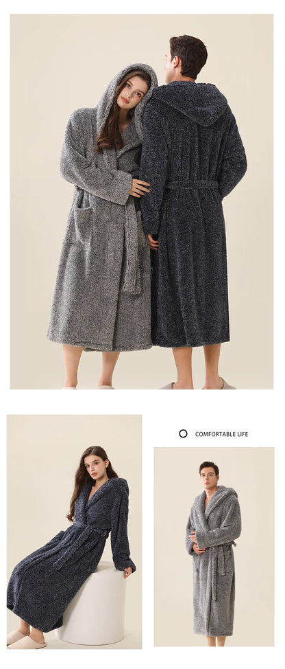 Thick Coral Fleece Coupe Hooded Bathrobe Sleepwear Autumn Winter Warm Long Robe Home Clothing Casual Flannel Loungewear Pajama