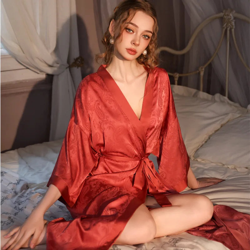 Luxury Jacquard Long Robe Nightgown Women Half Sleeve Kimono Bathrobe Gown Satin Ice Silk Sleepwear Sexy Home Dress Lounge Wear