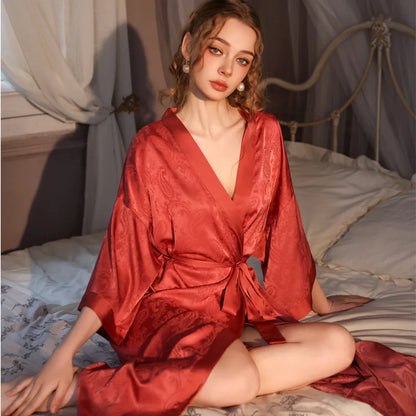 Luxury Jacquard Long Robe Nightgown Women Half Sleeve Kimono Bathrobe Gown Satin Ice Silk Sleepwear Sexy Home Dress Lounge Wear