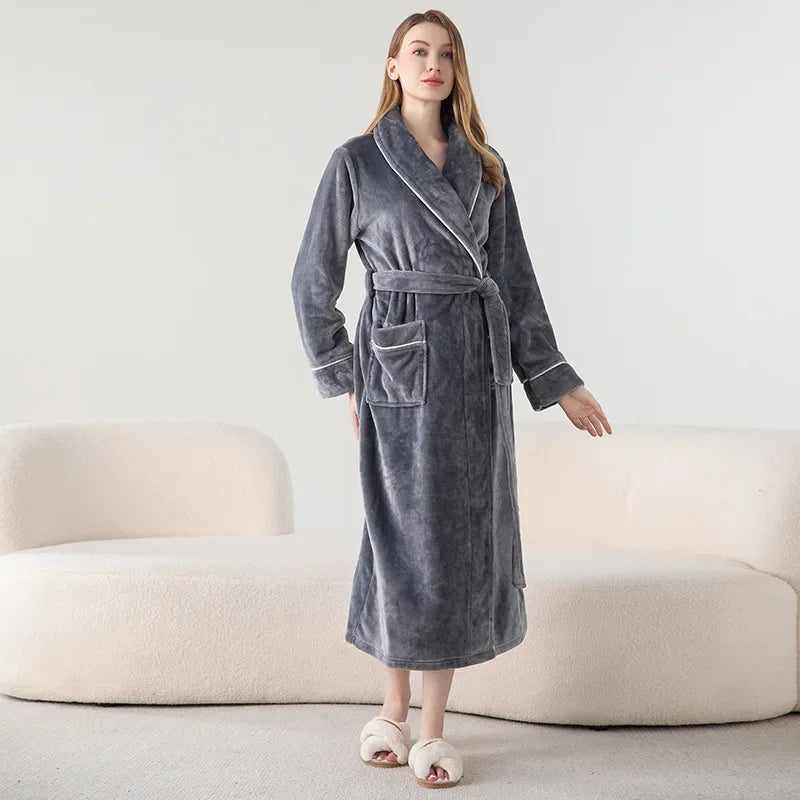 Autumn Winter Women's Sleepwear Thicken Flannel Couple Long Robe Kimono Bathrobe Gown Loungewear Loose Coral Fleece Home Wear