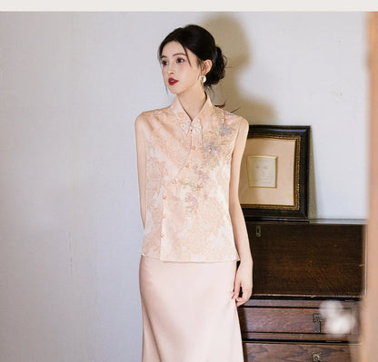 New Chinese Style Women Costume Vest Qipao Set Retro Jacquard Embroidery Tang Costume Silky Satin Waistcoat Dress Evening Dress