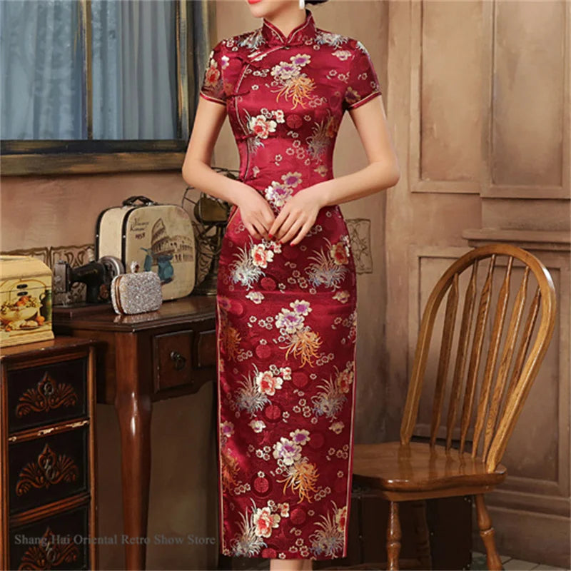 Traditional Satin Long Green Cheongsam Vintage Chinse Style Women's Vestido Dress Summer Jacquard Short Sleeve Qipao Asian Dress