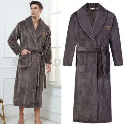 Autumn Winter Flannel Long Robe Couple Thicked Warm Sleepwear Men Casual Bathrobe Gown Plus Size Nightgown Women Loose Home Wear