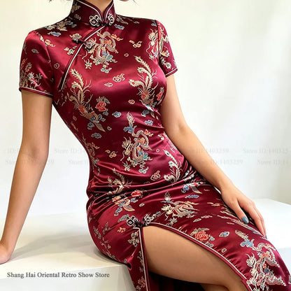 Traditional Chinese Dress Classic Vintage Female Long Cheongsam Asian Dress Jacquard Dragon Phoenix Y2K Qipao Sexy Satin Vestido