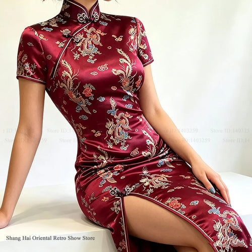 Traditional Chinese Dress Classic Vintage Female Long Cheongsam Asian Dress Jacquard Dragon Phoenix Y2K Qipao Sexy Satin Vestido