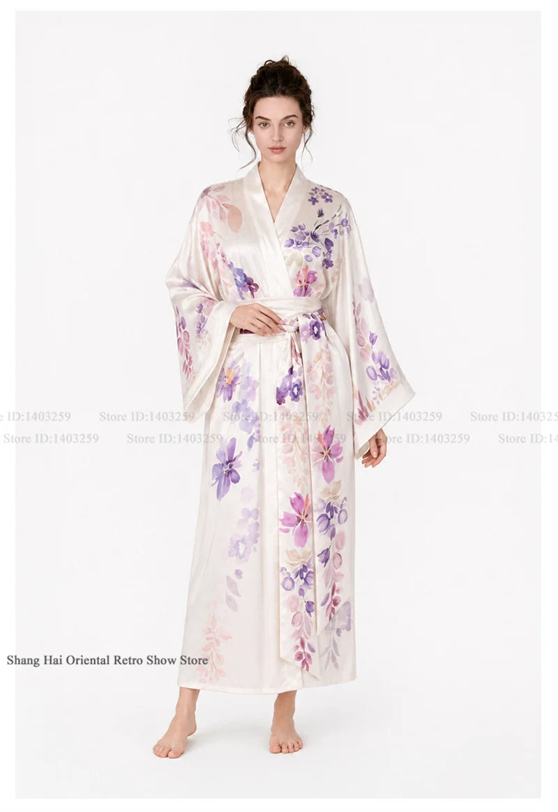 Print Flower Female Long Robe Big Sleeve Kimono Bathrobe Gown Spring Summer Silk Satin Sleepwear Night Dress Loose Homewear