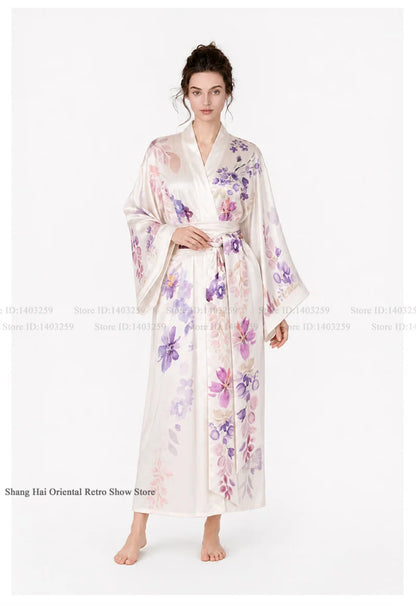 Print Flower Female Long Robe Big Sleeve Kimono Bathrobe Gown Spring Summer Silk Satin Sleepwear Night Dress Loose Homewear