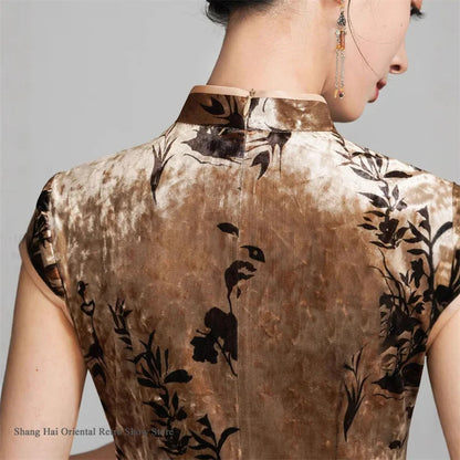 Oversize Velour Chinese Cheongsam Sexy Sleeveless Split Chinese Dress Traditional Costume Vintage Classic Mandarin Collar Qipao