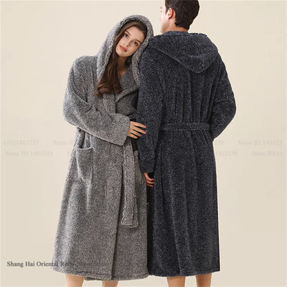 Thick Coral Fleece Coupe Hooded Bathrobe Sleepwear Autumn Winter Warm Long Robe Home Clothing Casual Flannel Loungewear Pajama