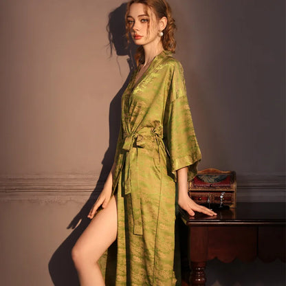 Luxury Jacquard Long Robe Nightgown Women Half Sleeve Kimono Bathrobe Gown Satin Ice Silk Sleepwear Sexy Home Dress Lounge Wear