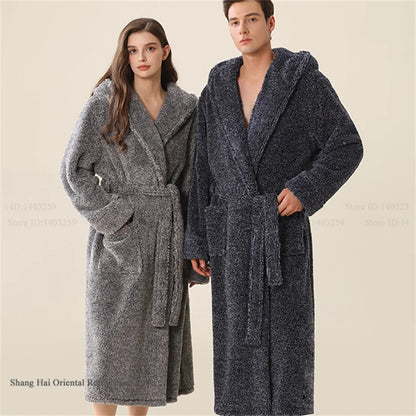 Thick Coral Fleece Coupe Hooded Bathrobe Sleepwear Autumn Winter Warm Long Robe Home Clothing Casual Flannel Loungewear Pajama