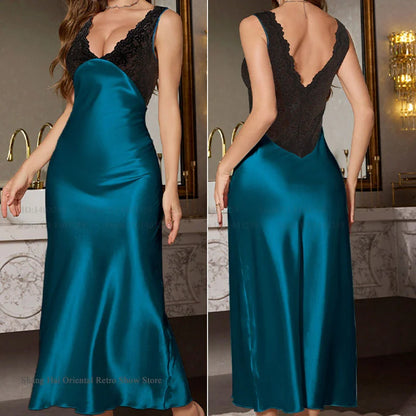 Elegant Long Nightgown Home Clothing New Female Sleepwear Nighty Sexy Perspective Lace Nightdress Satin Loungewear Lingerie