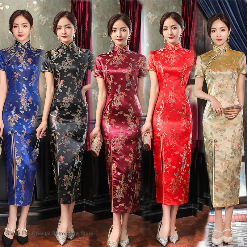 Traditional Chinese Dress Classic Vintage Female Long Cheongsam Asian Dress Jacquard Dragon Phoenix Y2K Qipao Sexy Satin Vestido