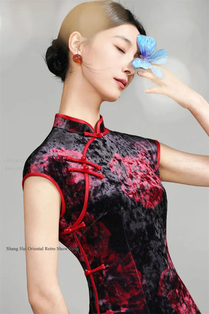 Vintage Women Velvet Cheongsam Improved Plus Size Dress Chinese Traditional Evening Dresses Female Sexy Long Qipao Costume 3XL