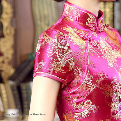Traditional Satin Long Green Cheongsam Vintage Chinse Style Women's Vestido Dress Summer Jacquard Short Sleeve Qipao Asian Dress