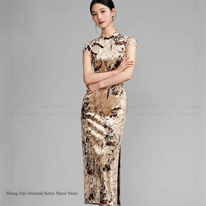 Oversize Velour Chinese Cheongsam Sexy Sleeveless Split Chinese Dress Traditional Costume Vintage Classic Mandarin Collar Qipao