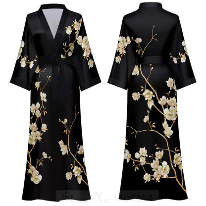 Female Long Robe Chinese Style Print Flower Sleepwear Nightgown Half Sleeve Kimono Bathrobe Gown Loose Casual Satin Home Wear