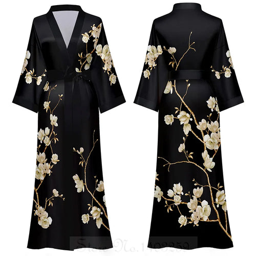 Female Long Robe Chinese Style Print Flower Sleepwear Nightgown Half Sleeve Kimono Bathrobe Gown Loose Casual Satin Home Wear