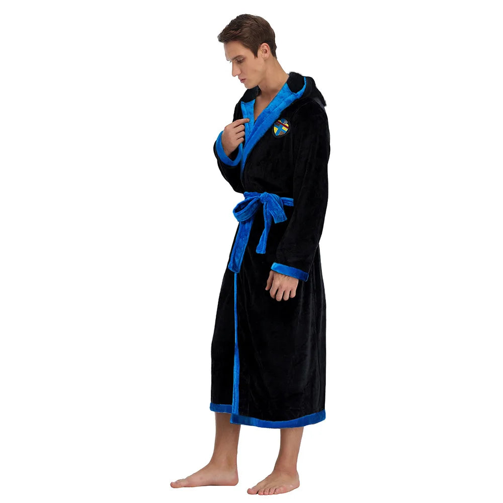 Men's Flannel Home Clothes Kimono Bathrobe Gown Winter Long Coral Fleece Hooded Robe Thicken Loose Casual Sleepwear Lounge Wear
