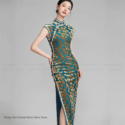 Chinese New Year Chesongam Sexy Long Split Vestidos Festival Party Dress Tradition Mandarin Collar Qipao Hanfu Chinese Dress