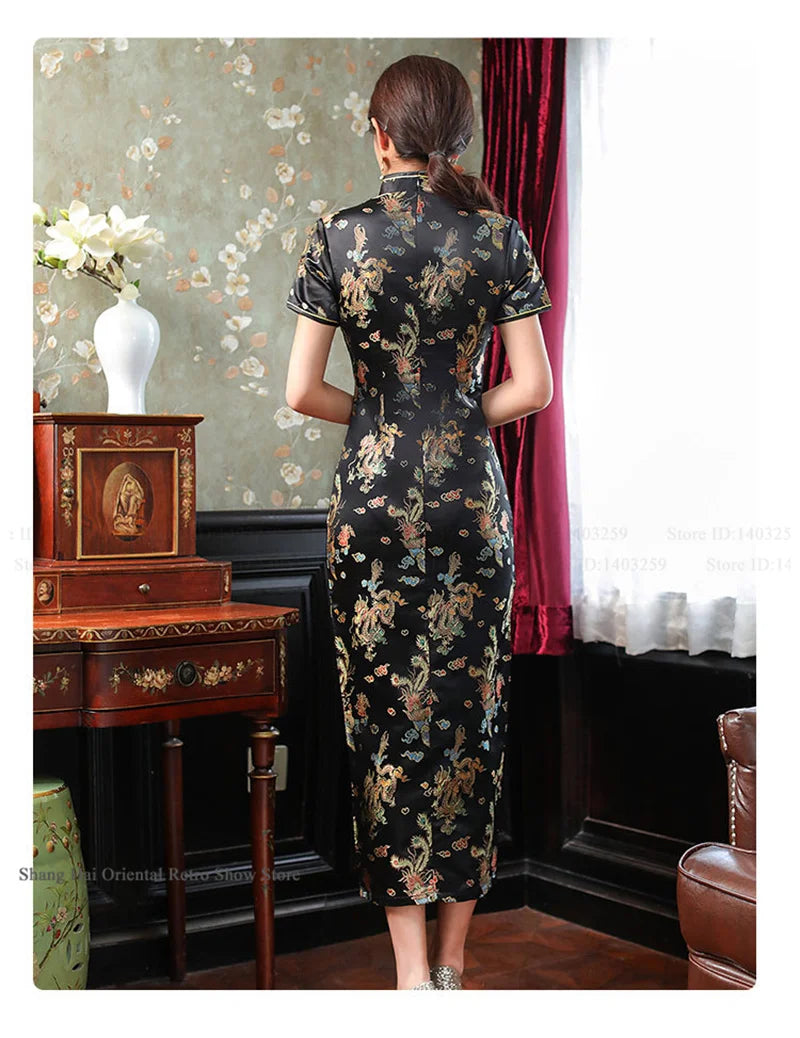 Oversize Chinese Style Dress Vintage Women's Long Qipao Dragon Phoenix Jacquard Satin Cheongsam Hanfu Sexy Slim Brocade Vestidos