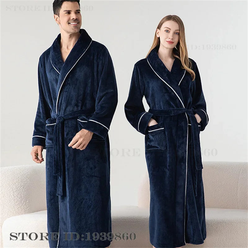 Autumn Winter Women's Sleepwear Thicken Flannel Couple Long Robe Kimono Bathrobe Gown Loungewear Loose Coral Fleece Home Wear