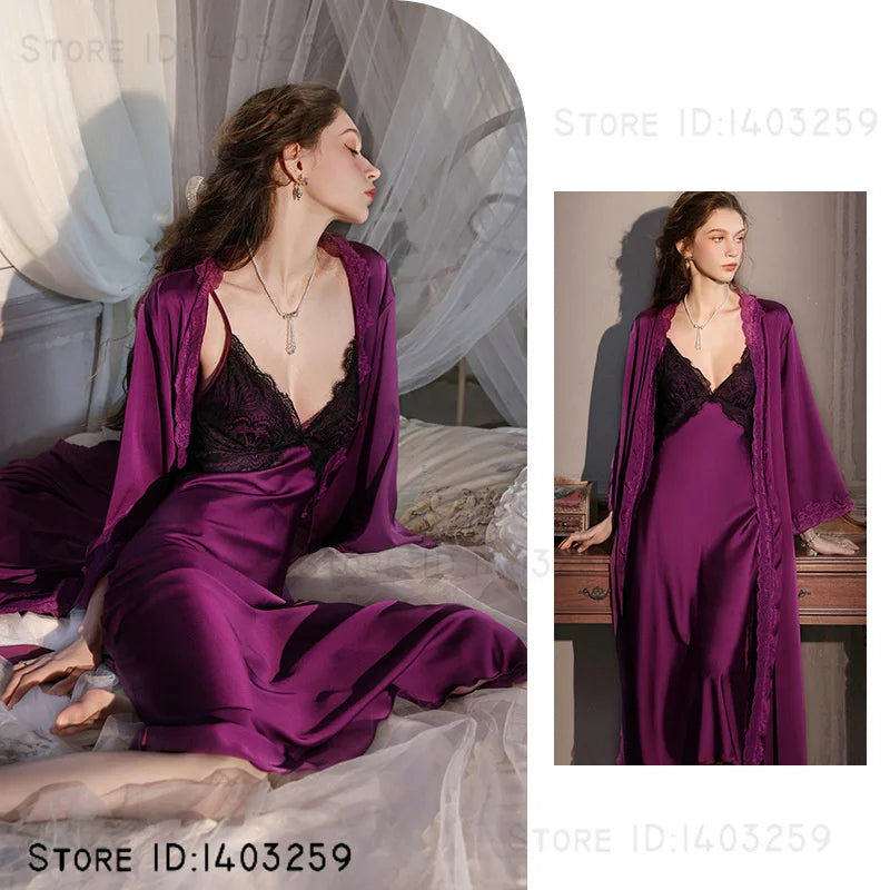 Sexy Female Long Robe Nightgown Set Kimono Bathrobe Gown Patchwork Lace Suspender Night Dress Sleepwear Loose Satin Homewear