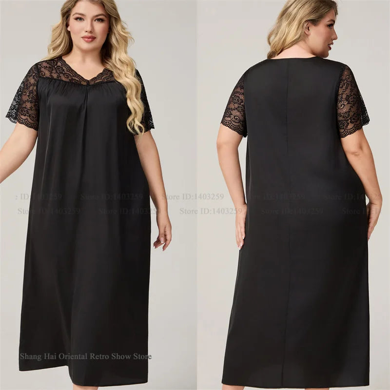 Large Size 3XL 4XL 5XL Long Nightgown Spring Summer New Female Sleepwear Loungewear Sexy Frill Lace Nightdress Ice Silk Homewear