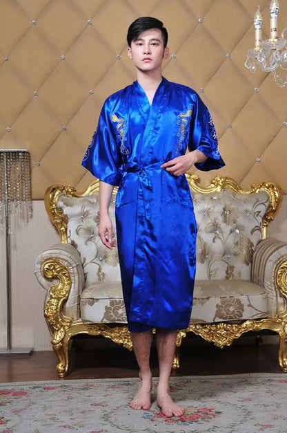 Embroider Dragon Kimono Bathrobe Gown Chinese Style Robe Classical Man Homewear Long Satin Nightgown Loose Sleepwear Loungewear