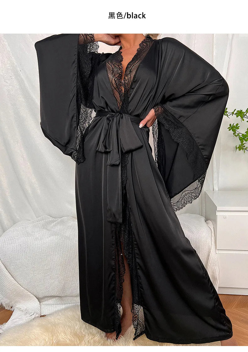 Sexy Lace Kimono Bathrobe Gown Ice Silk Women Long Robe Dress Nightgown Spring New Sleepwear Nightwear Loose Homewear Loungewear