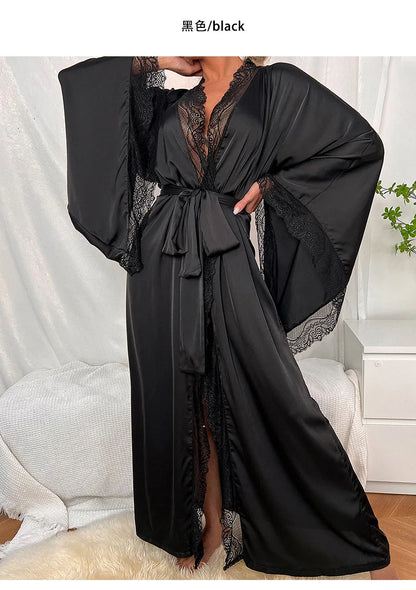Sexy Lace Kimono Bathrobe Gown Ice Silk Women Long Robe Dress Nightgown Spring New Sleepwear Nightwear Loose Homewear Loungewear